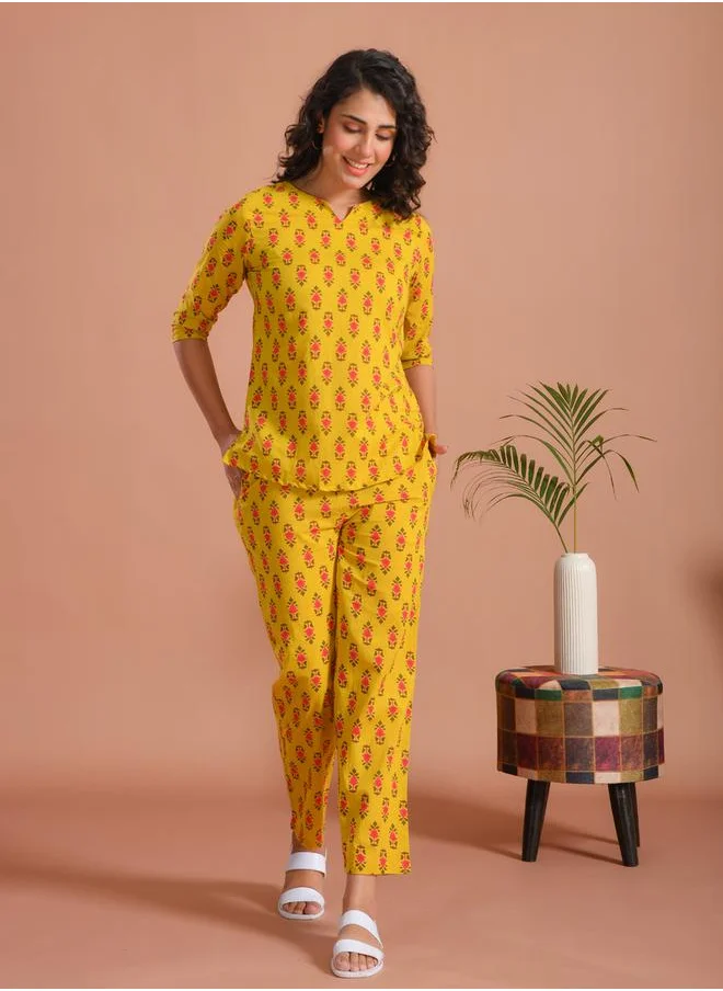 sanskrutihomes Pure Cotton Printed Notch Neck Top and Pyjama Set by Styli