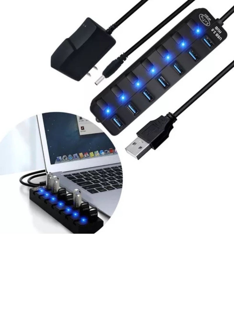 Terabyte محور USB 3.0 مع محول طاقة 7 منافذ كابل بطول حوالي 120 سم باللون الأسود - Image 1