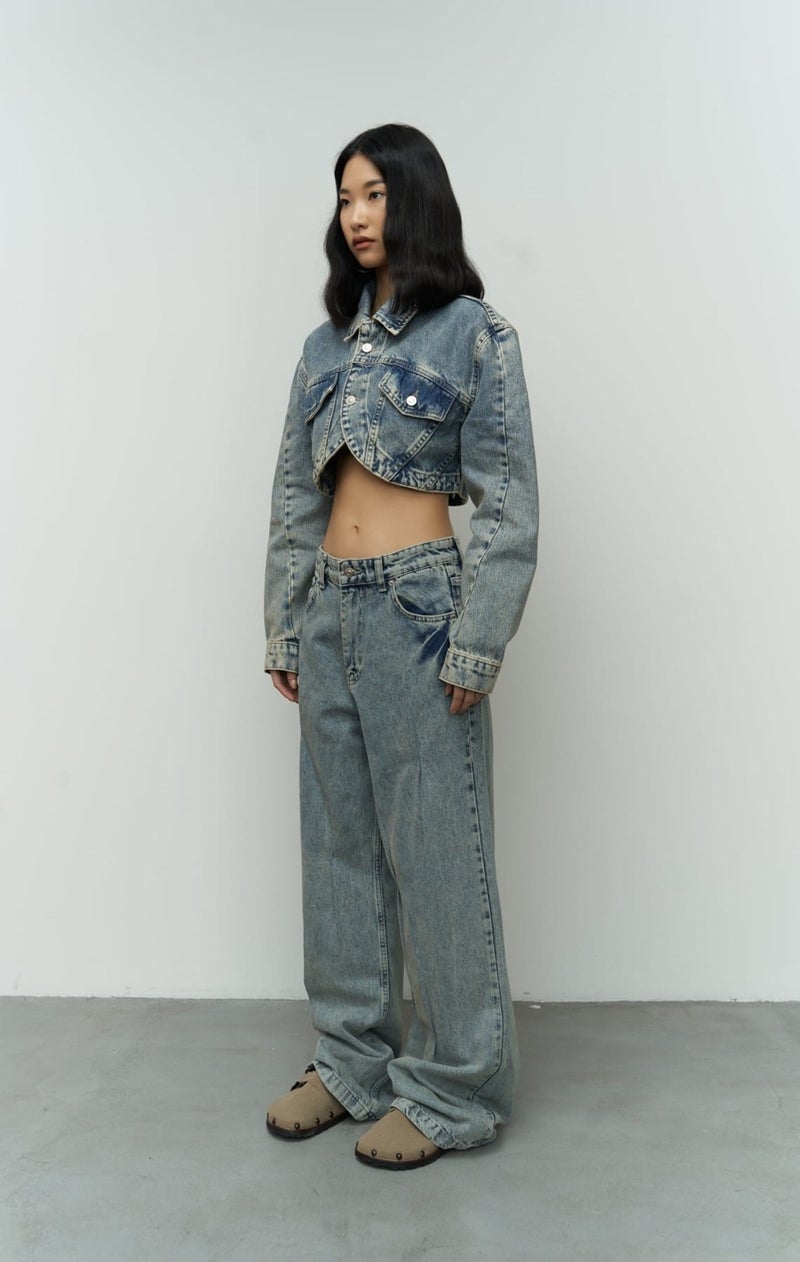 Mai Collection Cali Cross Detail Dirty Green Crop Jean Jacket - Image 4