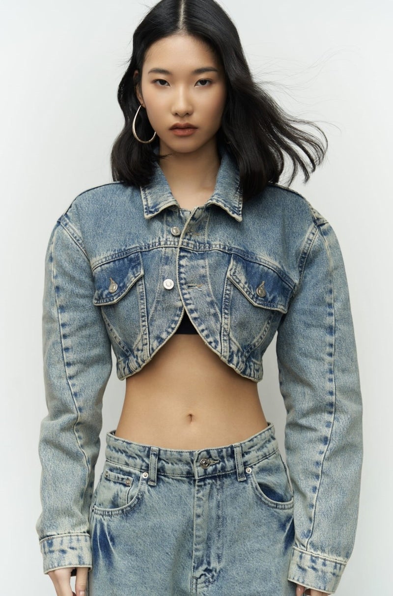 Mai Collection Cali Cross Detail Dirty Green Crop Jean Jacket - Image 1