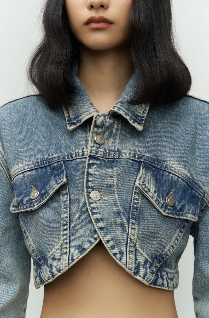 Mai Collection Cali Cross Detail Dirty Green Crop Jean Jacket - Image 2