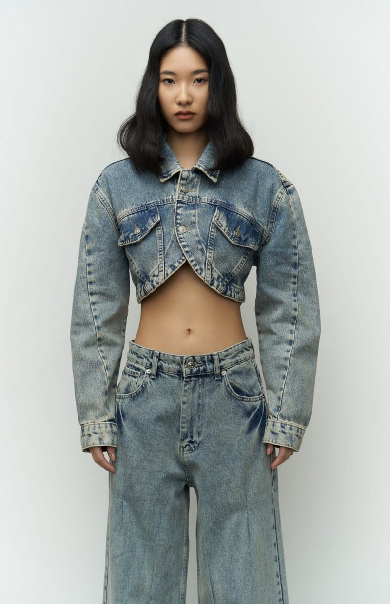 Mai Collection Cali Cross Detail Dirty Green Crop Jean Jacket - Image 3