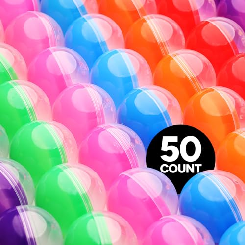 Entervending Empty Clear-Colored Round Capsules 2 inch 50 pcs Bulk 7 Colors Capsule for Toy Gumball Machines Plastic Containers Surprise for Kids Party Favor Prize - Image 2