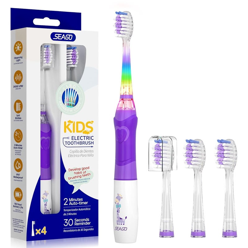 Seago Kids Electric Toothbrush with 2 Mins Brushing Timer and 4 Replacement Bursh Heads,Rainbow LED Light Make Brushing Fun, Purple Color Girls Battery Powerd Toothbrush for 4-12 Years Old，SG-977 - Image 1