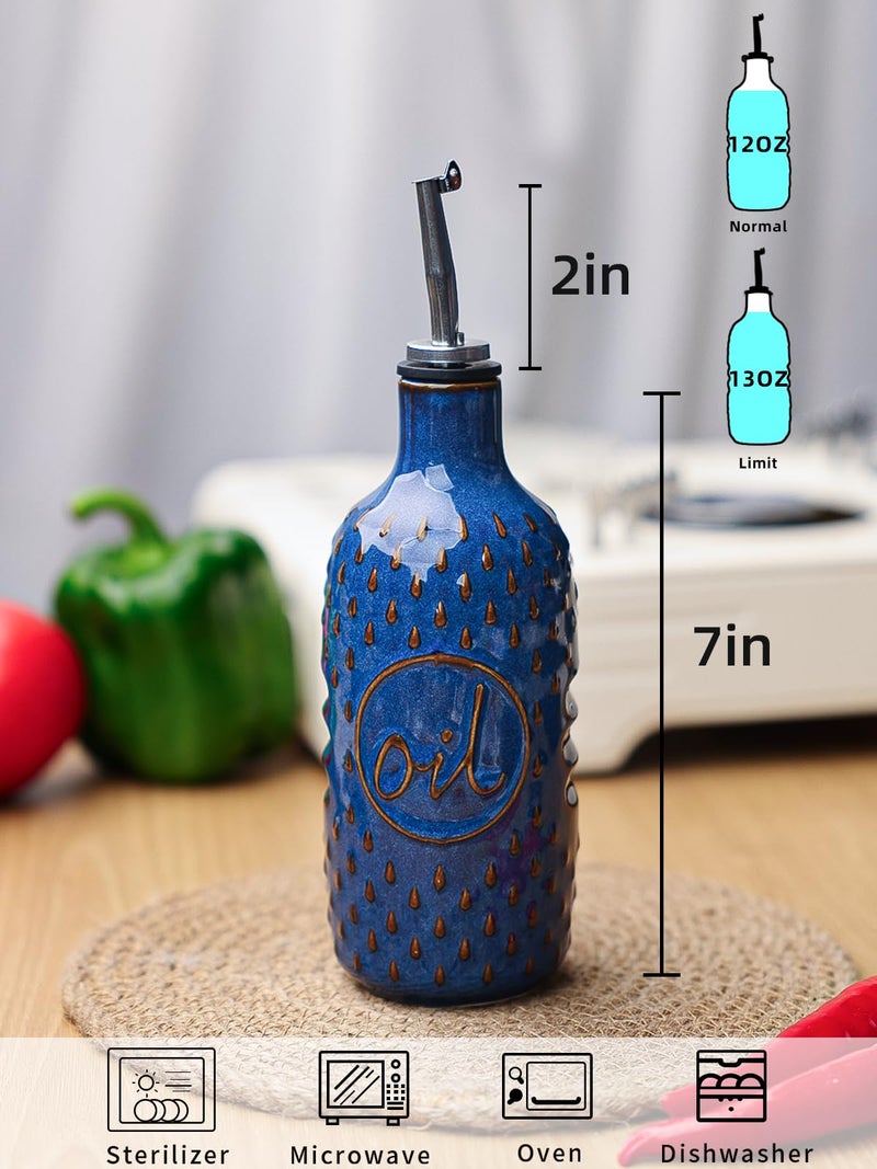 GDCZ Ceramic Olive Oil Dispenser Bottle, 13 Oz Relief Opaque Oil Cruet, Oil Dispenser for Kitchen Counter, for Storage Oil, Vinegar, Soy Sauce, Coffee Syrup, Liquids (Blue) - Image 2