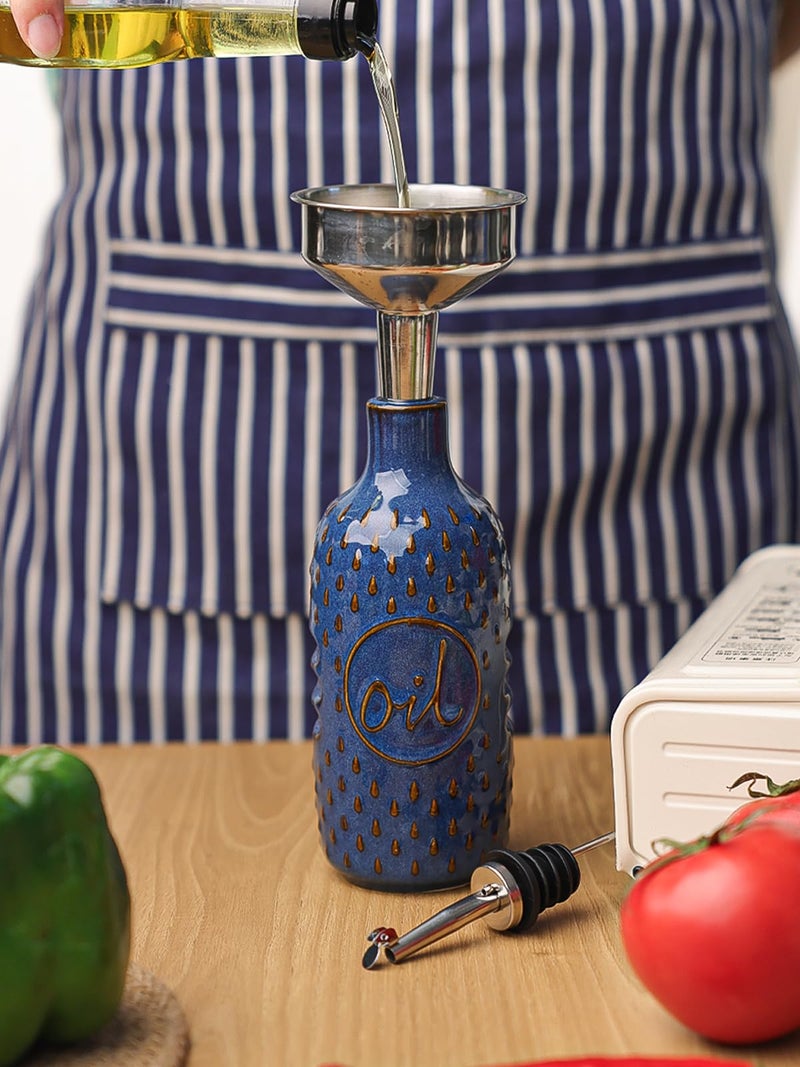 GDCZ Ceramic Olive Oil Dispenser Bottle, 13 Oz Relief Opaque Oil Cruet, Oil Dispenser for Kitchen Counter, for Storage Oil, Vinegar, Soy Sauce, Coffee Syrup, Liquids (Blue) - Image 5