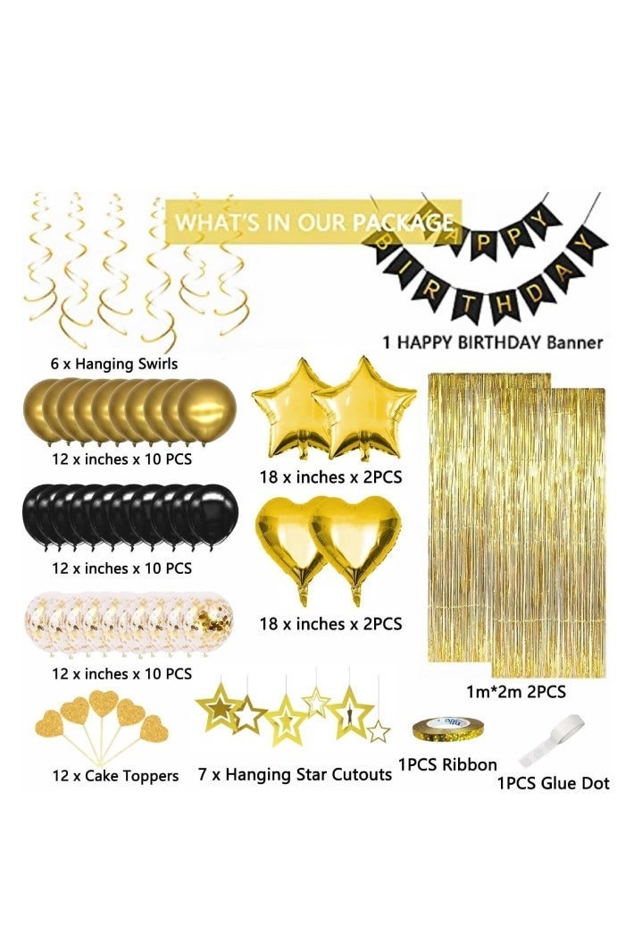 Black Gold Birthday Party Decorations, 64Pcs Party Decorations Set with Happy Birthday Banner, 12-inch Confetti Balloons, 12-inch Metallic Black Gold Balloons, Heart Star Shape Balloons, Gold Fringe Curtain and Hanging Swirls, Ribbon, Glue Points and Cake Toppers for Girls, Women, Men, Kids - Image 2