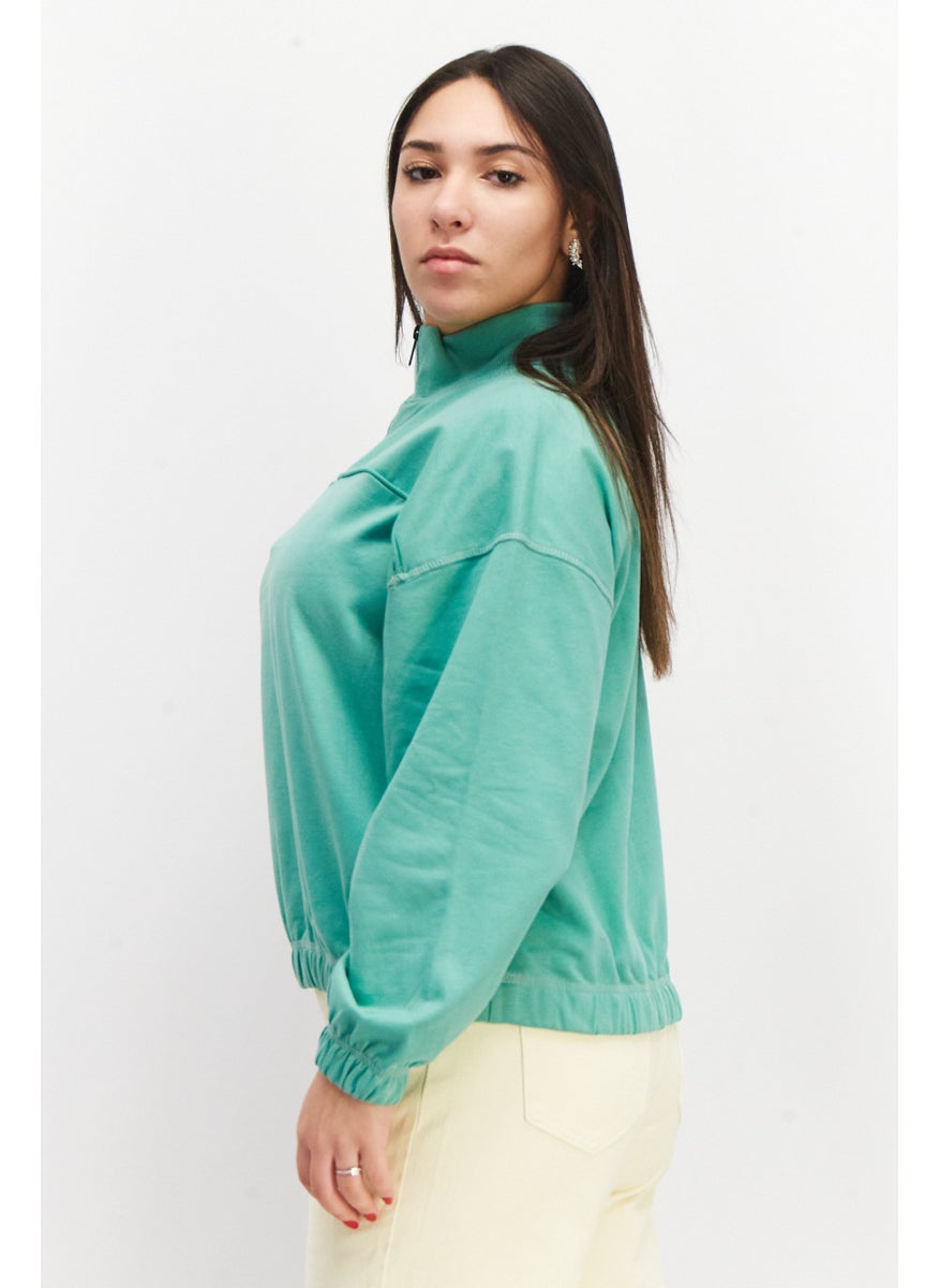 Urban Bliss - Women Plain Long Sleeve Half Zipper Sweatshirt, Sage Green - Image 1