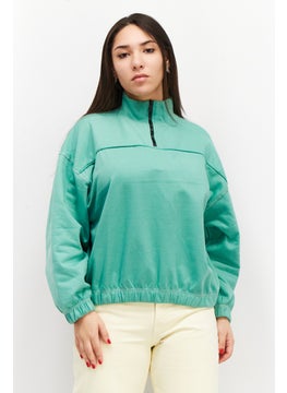 Women Plain Long Sleeve Half Zipper Sweatshirt, Sage Green