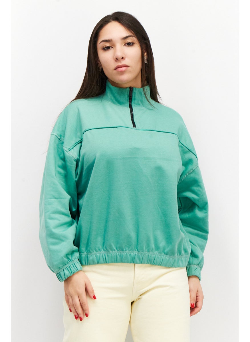 Urban Bliss - Women Plain Long Sleeve Half Zipper Sweatshirt, Sage Green - Image 1