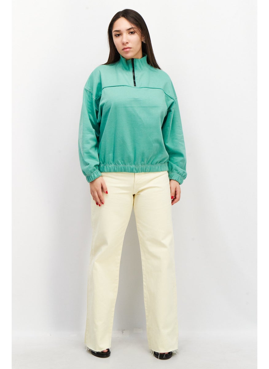 Urban Bliss - Women Plain Long Sleeve Half Zipper Sweatshirt, Sage Green - Image 1
