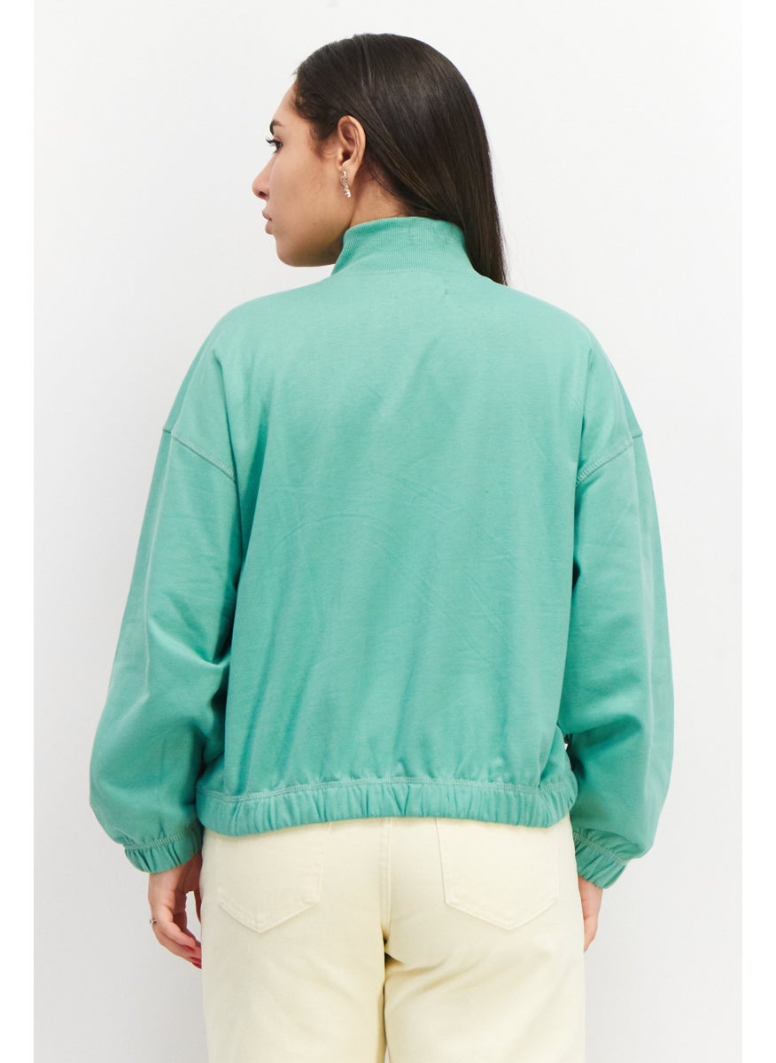 Urban Bliss - Women Plain Long Sleeve Half Zipper Sweatshirt, Sage Green - Image 1