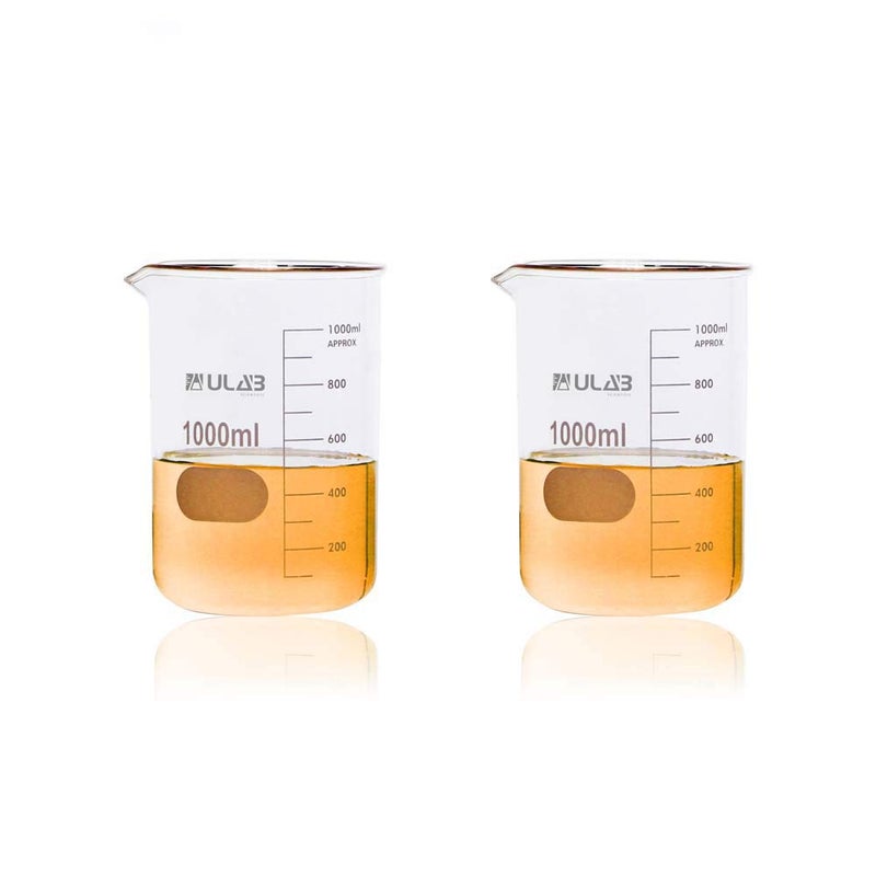 ULAB Scientific Glass Beakers Vol 1000ml 33 Borosilicate Griffin Low Form with Printed Graduation Pack of 2 UBG1017 - Image 2