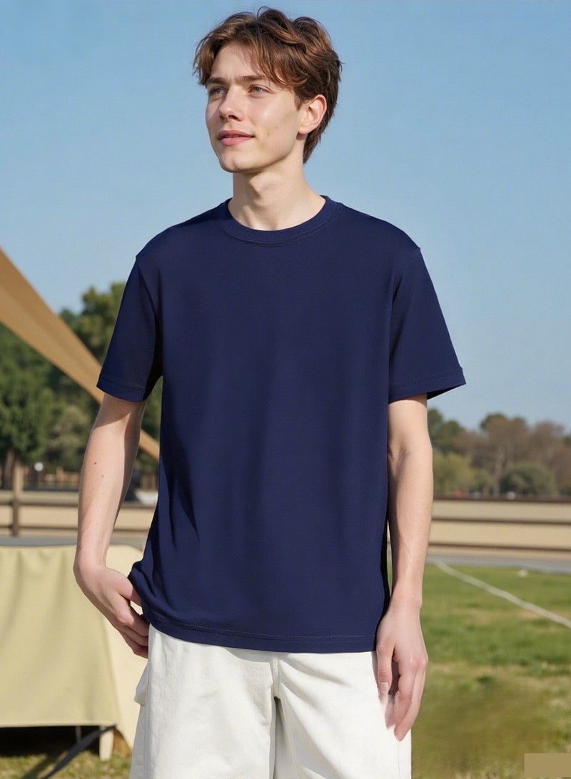 Crewneck T-Shirt Summer Solid Cotton Loose-fit T-Shirt Trendy Casual Short Sleeves - Image 1