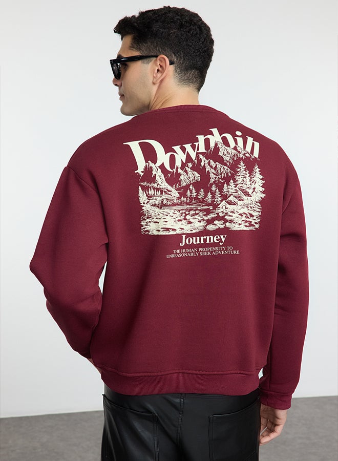 trendyol Claret Red Oversize/Wide Cut Embroidered Front Printed Back Fleece Inside Sweatshirt - Image 5