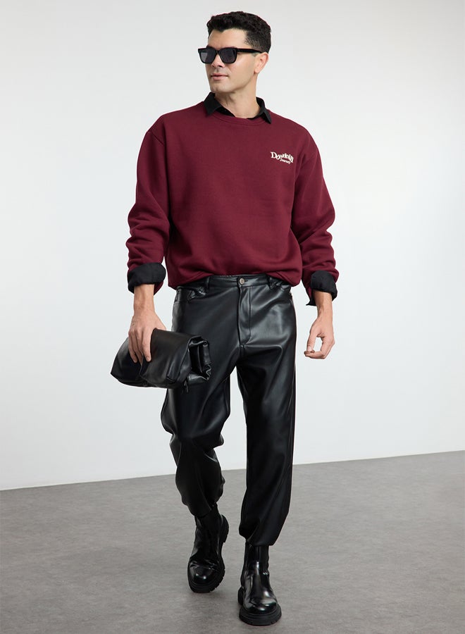 trendyol Claret Red Oversize/Wide Cut Embroidered Front Printed Back Fleece Inside Sweatshirt - Image 2