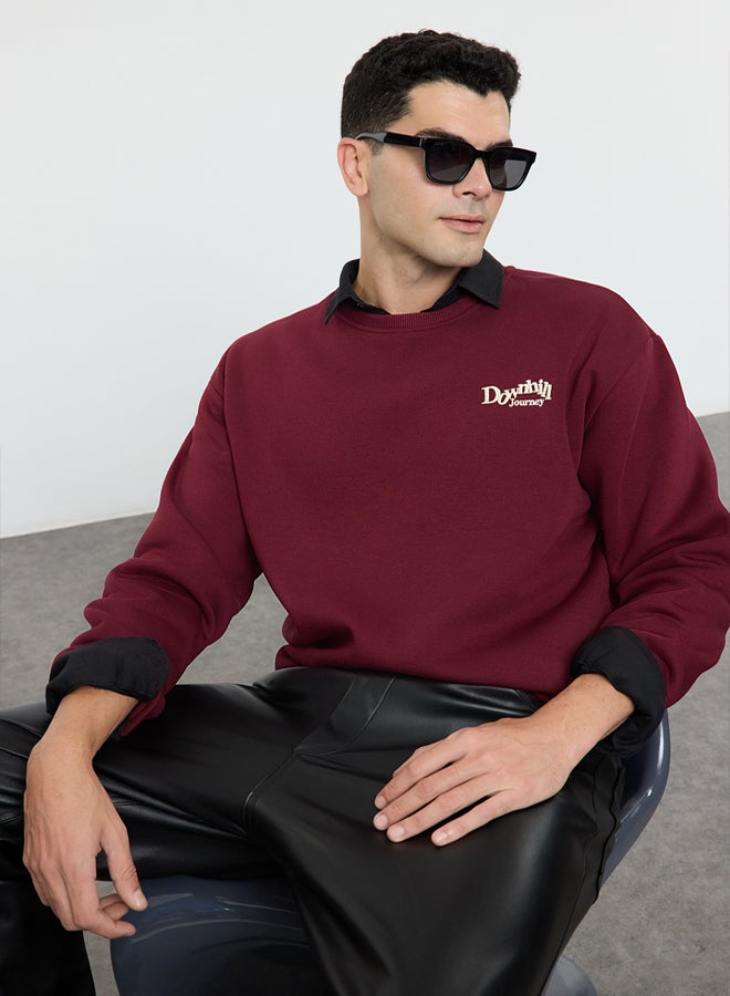 trendyol Claret Red Oversize/Wide Cut Embroidered Front Printed Back Fleece Inside Sweatshirt - Image 1