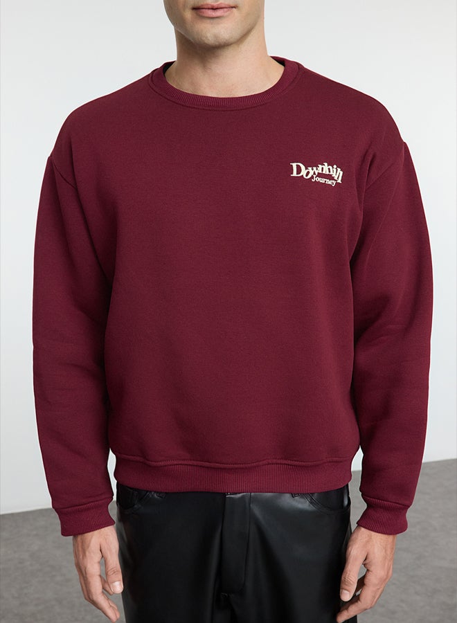 trendyol Claret Red Oversize/Wide Cut Embroidered Front Printed Back Fleece Inside Sweatshirt - Image 4