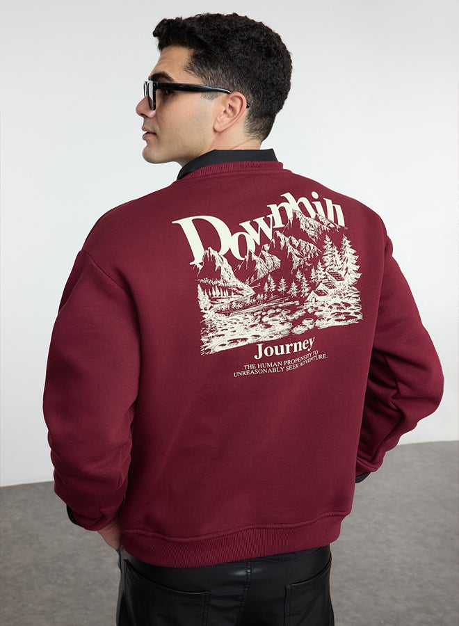 trendyol Claret Red Oversize/Wide Cut Embroidered Front Printed Back Fleece Inside Sweatshirt - Image 3
