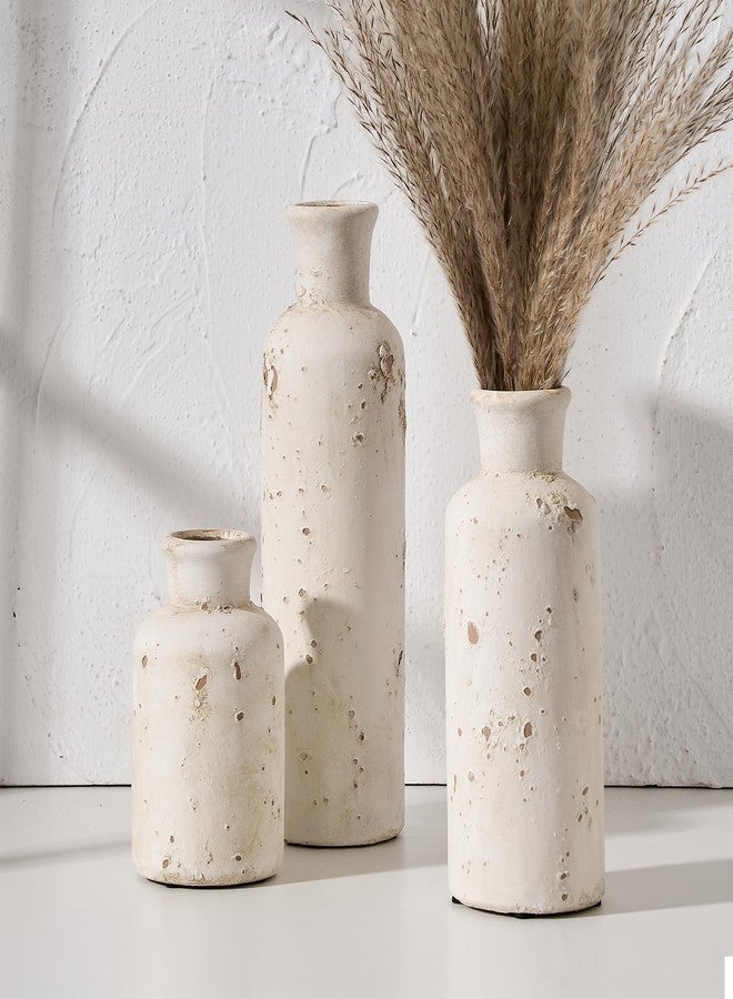 SIDUCAL Ceramic Rustic Farmhouse Vase Set of 3, Whitewashed Terracotta Vase, Pottery Vase,Clay Decorative Vases for Home Decor, Living Room, Shelf, Mantel Decoration(Rustic White) - Image 1
