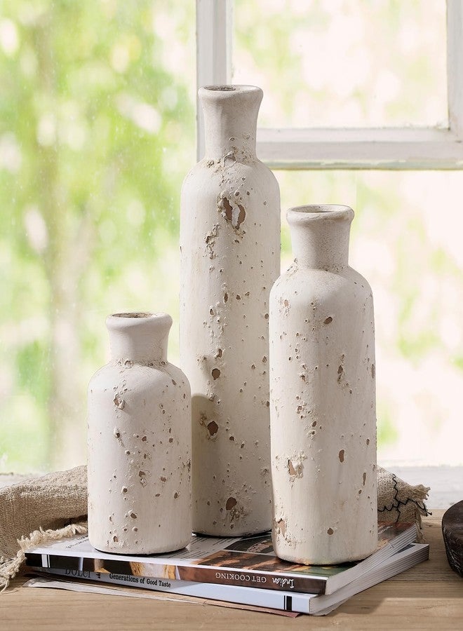 SIDUCAL Ceramic Rustic Farmhouse Vase Set of 3, Whitewashed Terracotta Vase, Pottery Vase,Clay Decorative Vases for Home Decor, Living Room, Shelf, Mantel Decoration(Rustic White) - Image 3