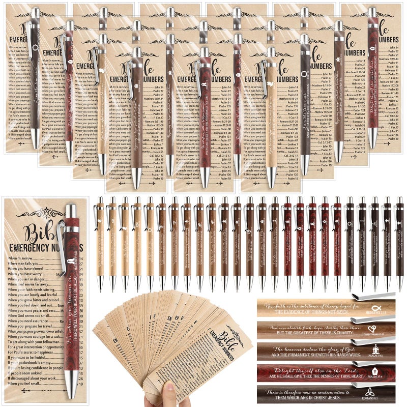 Feifeiya 50 Sets Christian Fathers Day Pens Bulk Bible Verse Religious Ballpoint Bamboo Pens with Bible Verse Emergency Numbers Bookmarks Church Gifts for Women Men Pastor Godfather Teacher English - Image 2