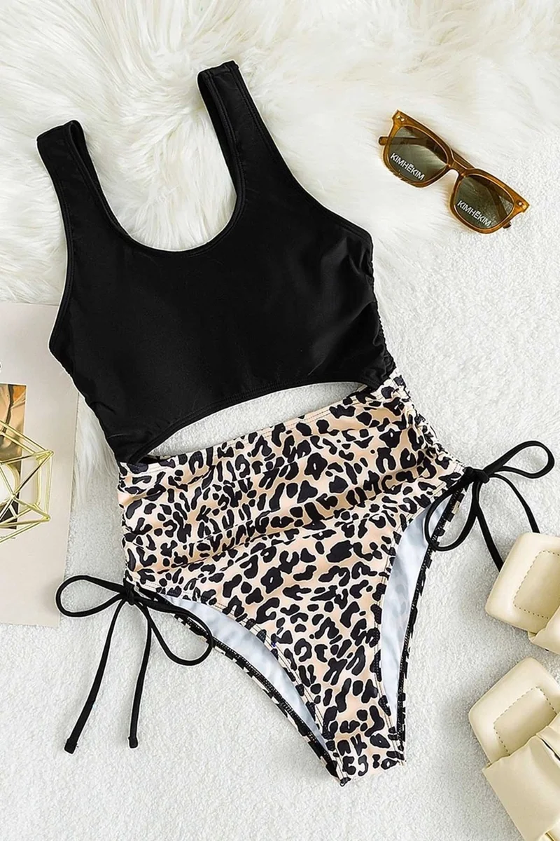 Angelsin Special Design Leopard Swimsuit with Side Gather Adjustment Detail