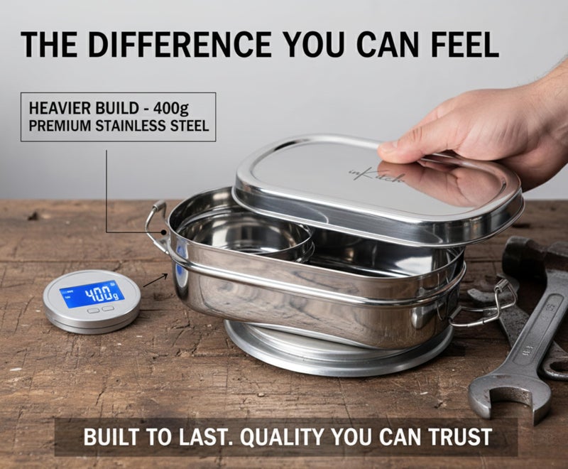 inKitch 100% Pure Stainless Steel Lunch Box - Leak Proof Tiffin with Partition | Rectangular Steel Lid Food Container for Office Use, School Kids & Women | Durable Lightweight Daily Metal Lunch Box - Image 3