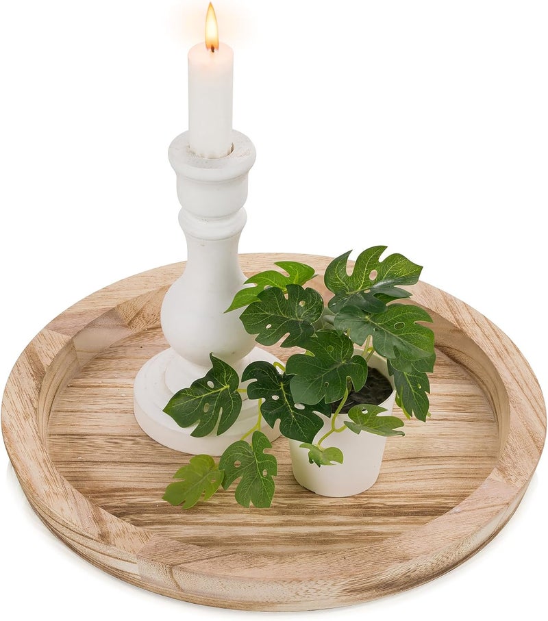 Hanobe Rustic Wooden Serving Tray Round Wood Decorative Tray Rustic Centerpiece Candle Holder Trays Farmhouse Ottoman Tray for Decor Kitchen Counter Home Decor for Coffee Table - Image 1