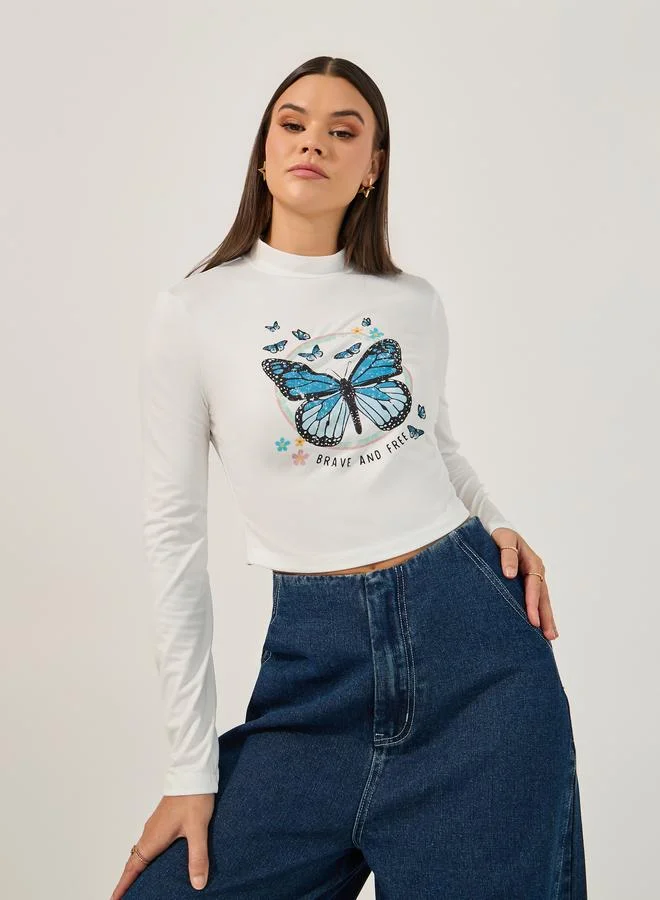 Take Two Butterfly Printed Long Sleeve Crop Top