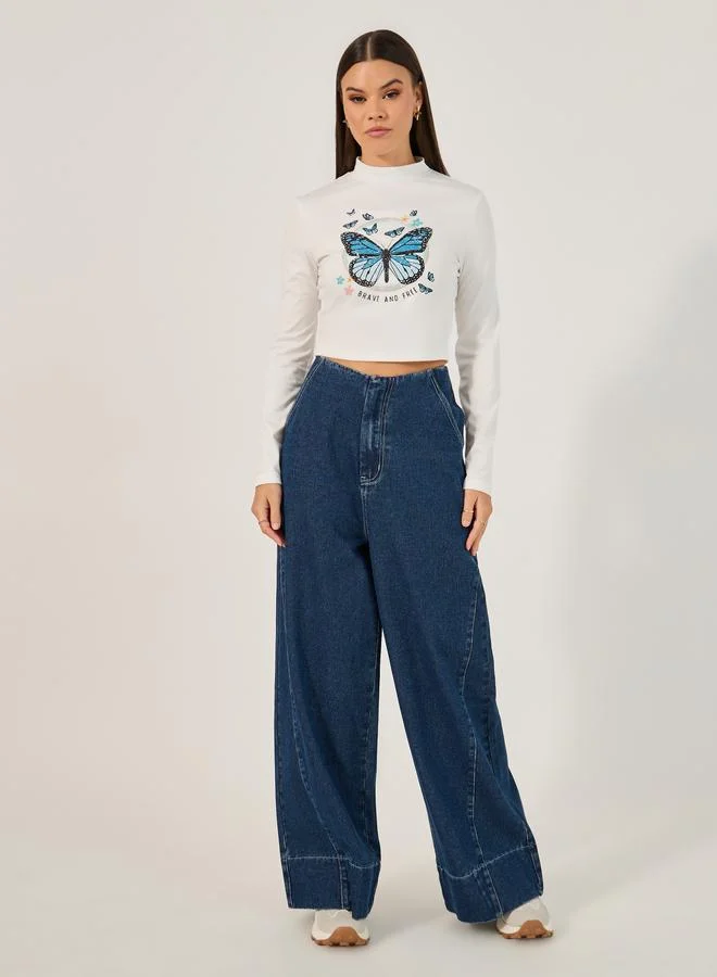 Take Two Butterfly Printed Long Sleeve Crop Top