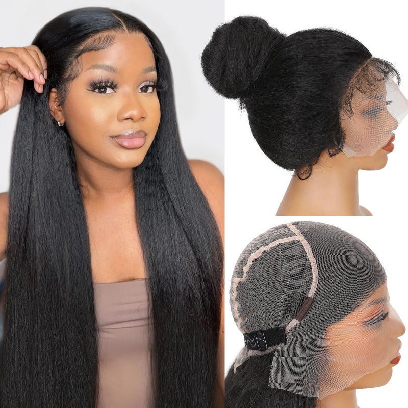 WIGNEE Full Lace Kinky Straight Wig 30 Inch Synthetic Yaki Straight Wig 180% Density Pre-Plucked Kinky Wig with Baby Hair Yaki Wigs For Black Women Daily Use - Image 1