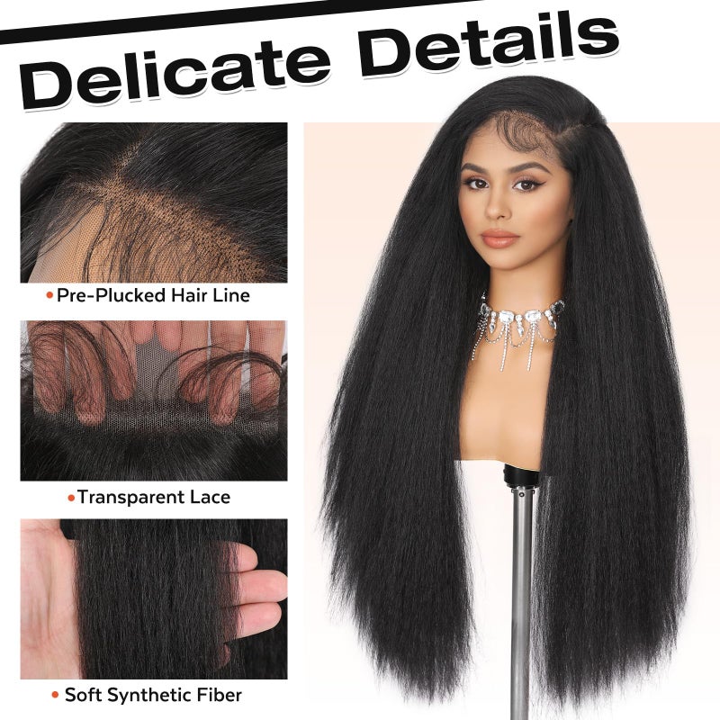 WIGNEE Full Lace Kinky Straight Wig 30 Inch Synthetic Yaki Straight Wig 180% Density Pre-Plucked Kinky Wig with Baby Hair Yaki Wigs For Black Women Daily Use - Image 4