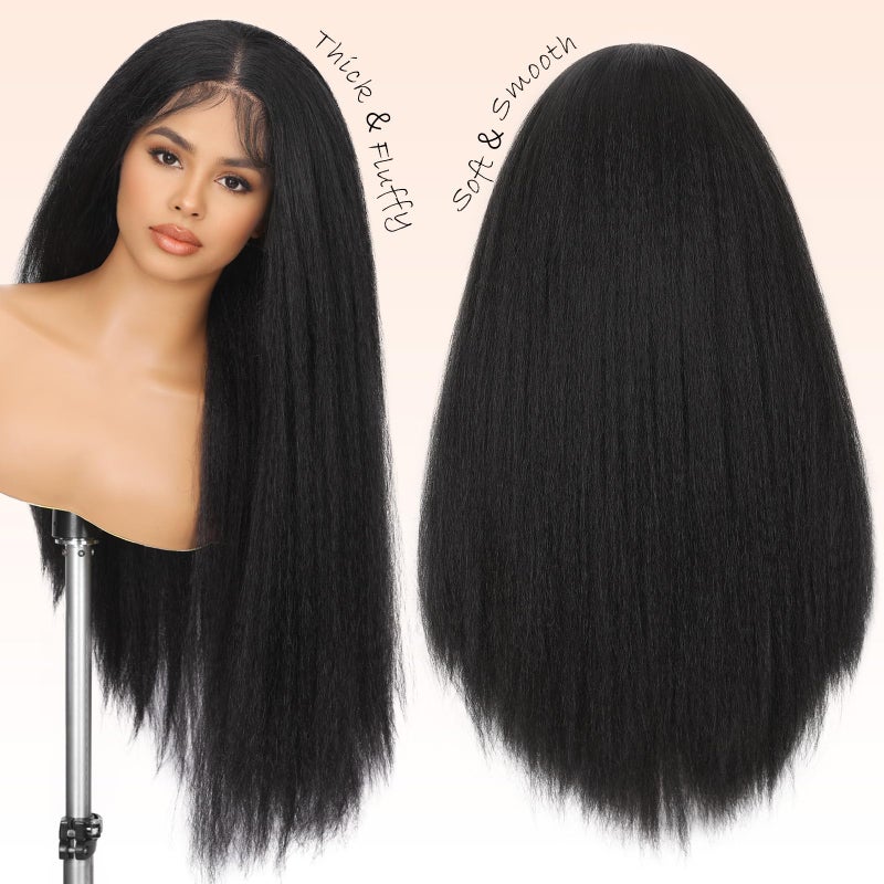 WIGNEE Full Lace Kinky Straight Wig 30 Inch Synthetic Yaki Straight Wig 180% Density Pre-Plucked Kinky Wig with Baby Hair Yaki Wigs For Black Women Daily Use - Image 2