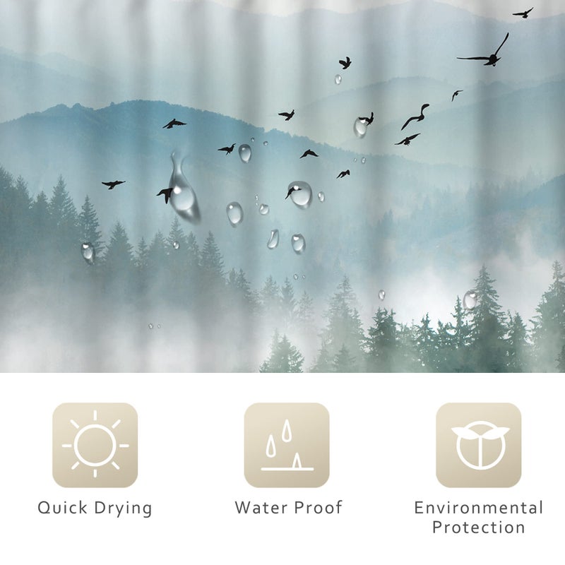 Riyidecor Green Shower Curtain 60Wx72H Inch Nature Mountain Scenery Pine Tree Greenery Foggy Landscape Natural Woodland Mens Bathroom Decor Fabric Polyester Waterproof 12 Pack Hooks - Image 5