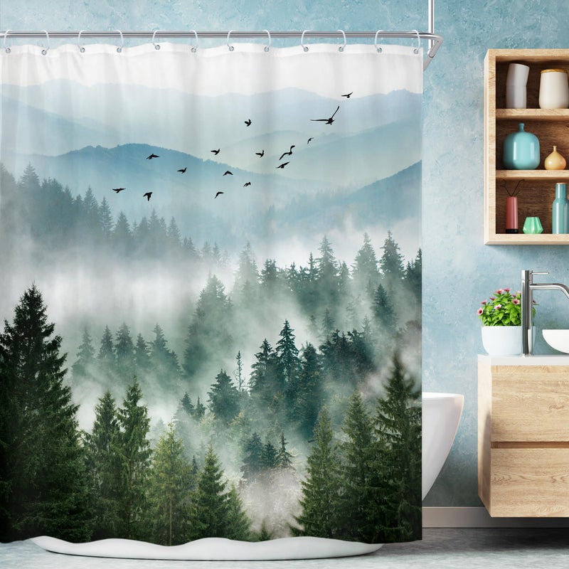Riyidecor Green Shower Curtain 60Wx72H Inch Nature Mountain Scenery Pine Tree Greenery Foggy Landscape Natural Woodland Mens Bathroom Decor Fabric Polyester Waterproof 12 Pack Hooks - Image 1