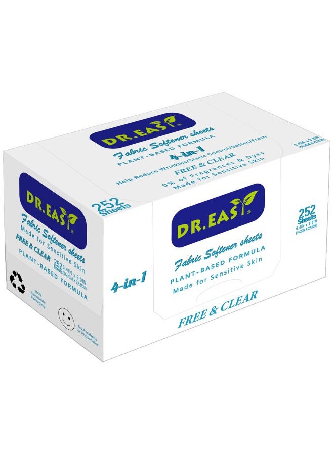 DR. EASY Dryer Sheets Plant Based Formula 252 Ct Fabric Softener sheets for Laundry Free & Clear Essential Oil Scented No Artificial Fragrances No Dyes Reduce Static & Wrinkles Help Repel Pet Hair - Image 1
