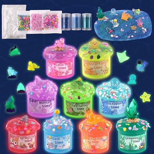 Okaybee Ocean Glow in The Dark Slime Kit 9 Pack with Deep Sea Slime Charms Sensory DIY Rainbow Slime for Kids Glow Party Favors for Girls Boys Halloween - Image 1