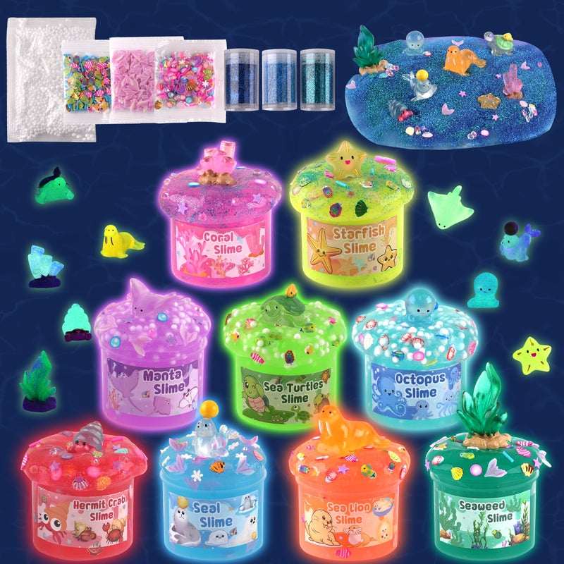 Okaybee Ocean Glow in The Dark Slime Kit 9 Pack with Deep Sea Slime Charms Sensory DIY Rainbow Slime for Kids Glow Party Favors for Girls Boys Halloween - Image 3