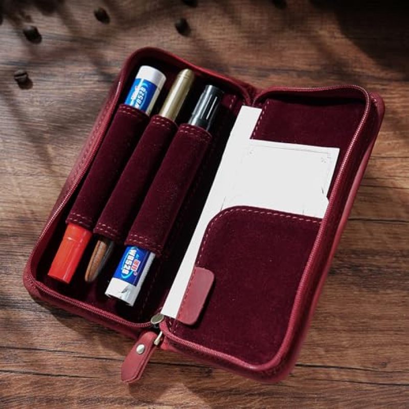 Vintage Leather Pen Case: 3 Slot, Scratch-resistant, Zippered Pen Pouch - Spacious Side Pocket, Compact 3.15 X 6.7 X 1.18 Inches Red Pen Holder for Travel, Business Trips, Desk Display - Image 4