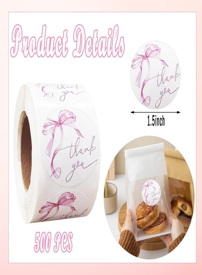 Foaryoer 500 Pcs Pink Bow Thank You Stickers Bow Coquette Stickers Waterproof Self-Adhesive Cute Bow Sticker Rolls for Party Decoration Favors, Candy Bags, Cookie Bags(Pink) - Image 2