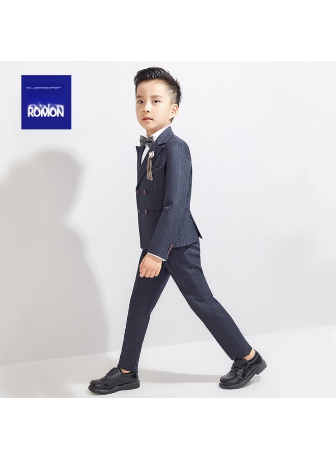 ROMON Luomeng Boys' Suit Set, Spring And Autumn Children's Formal Wear, Flower Boy Piano Performance Outfit, Double-breasted Dark Gray, 5-piece Set, Size 150 - Image 5