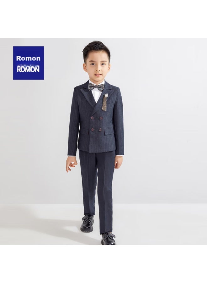 ROMON Luomeng Boys' Suit Set, Spring And Autumn Children's Formal Wear, Flower Boy Piano Performance Outfit, Double-breasted Dark Gray, 5-piece Set, Size 150 - Image 4