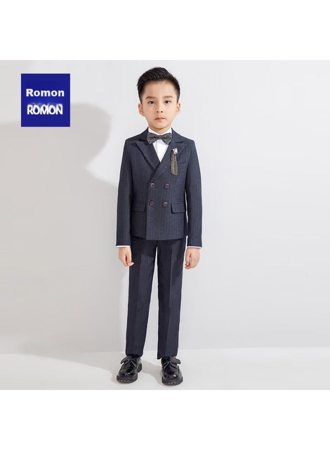 ROMON Luomeng Boys' Suit Set, Spring And Autumn Children's Formal Wear, Flower Boy Piano Performance Outfit, Double-breasted Dark Gray, 5-piece Set, Size 150 - Image 3