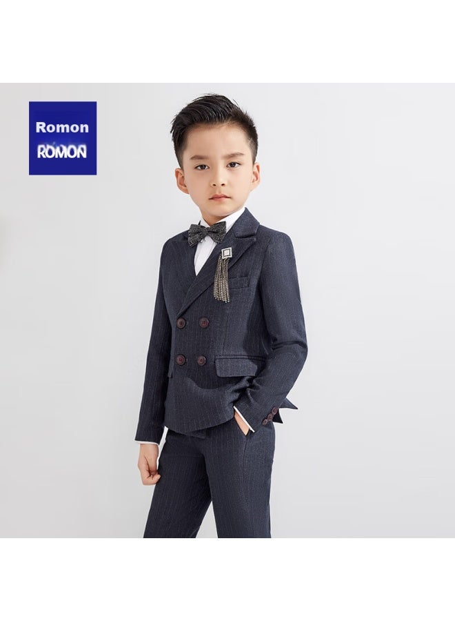 ROMON Luomeng Boys' Suit Set, Spring And Autumn Children's Formal Wear, Flower Boy Piano Performance Outfit, Double-breasted Dark Gray, 5-piece Set, Size 150 - Image 2