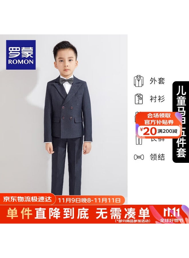 ROMON Luomeng Boys' Suit Set, Spring And Autumn Children's Formal Wear, Flower Boy Piano Performance Outfit, Double-breasted Dark Gray, 5-piece Set, Size 150 - Image 1
