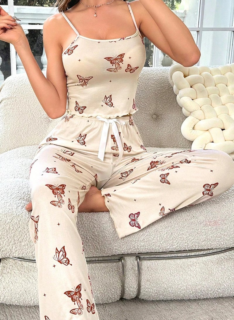 Women's comfortable pajamas in light beige with butterfly prints - Image 1