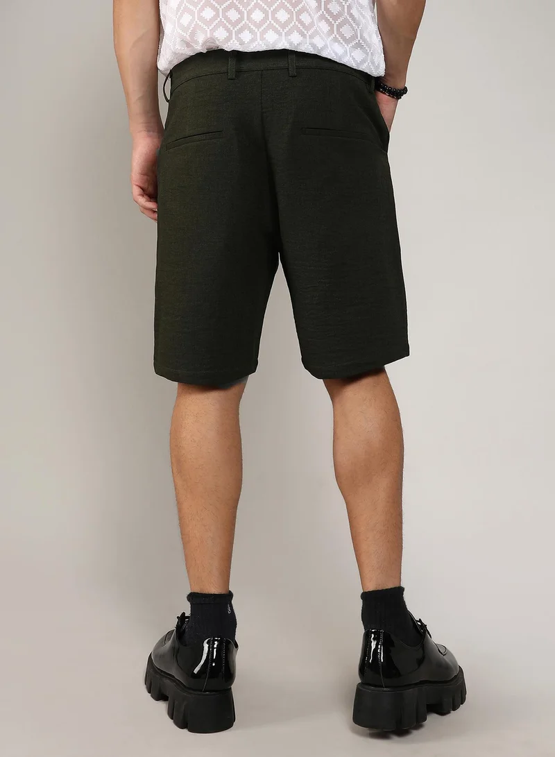 Campus Sutra Men's Army Green Tailored Poly-Linen Shorts