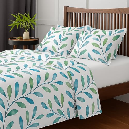 Bhoomi Impex King Size Microfiber Flat Bed Sheet - Aqua Leaf Vine Print with 2 Pillow Covers - Soft & Wrinkle-Free - Image 2