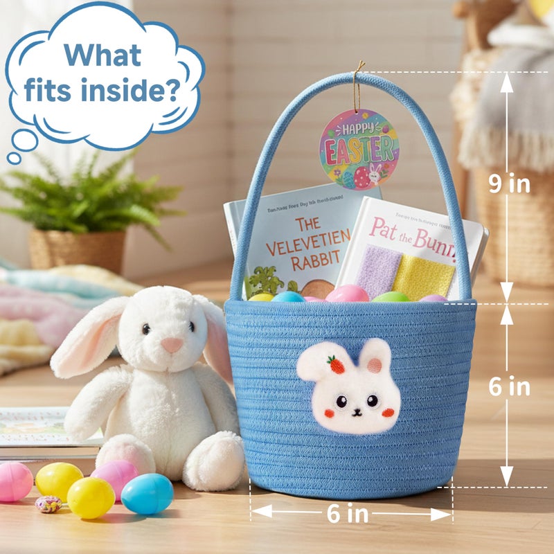 Yeeeasy Easter Basket for Kids, Adorable Plush Bunny Face Woven Egg Hunt Bucket with Handle, Soft First Easter Gift Tote Bag, Nursery Toy Storage Bin with Tag, Blue - Image 2